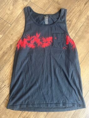 Billabong Navy Tank with Red Floral Chest Print and Pocket Y2K